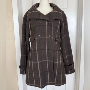 Banana Republic Brown Plaid Wool Blend Hooded Coat | Double Breasted | Size S